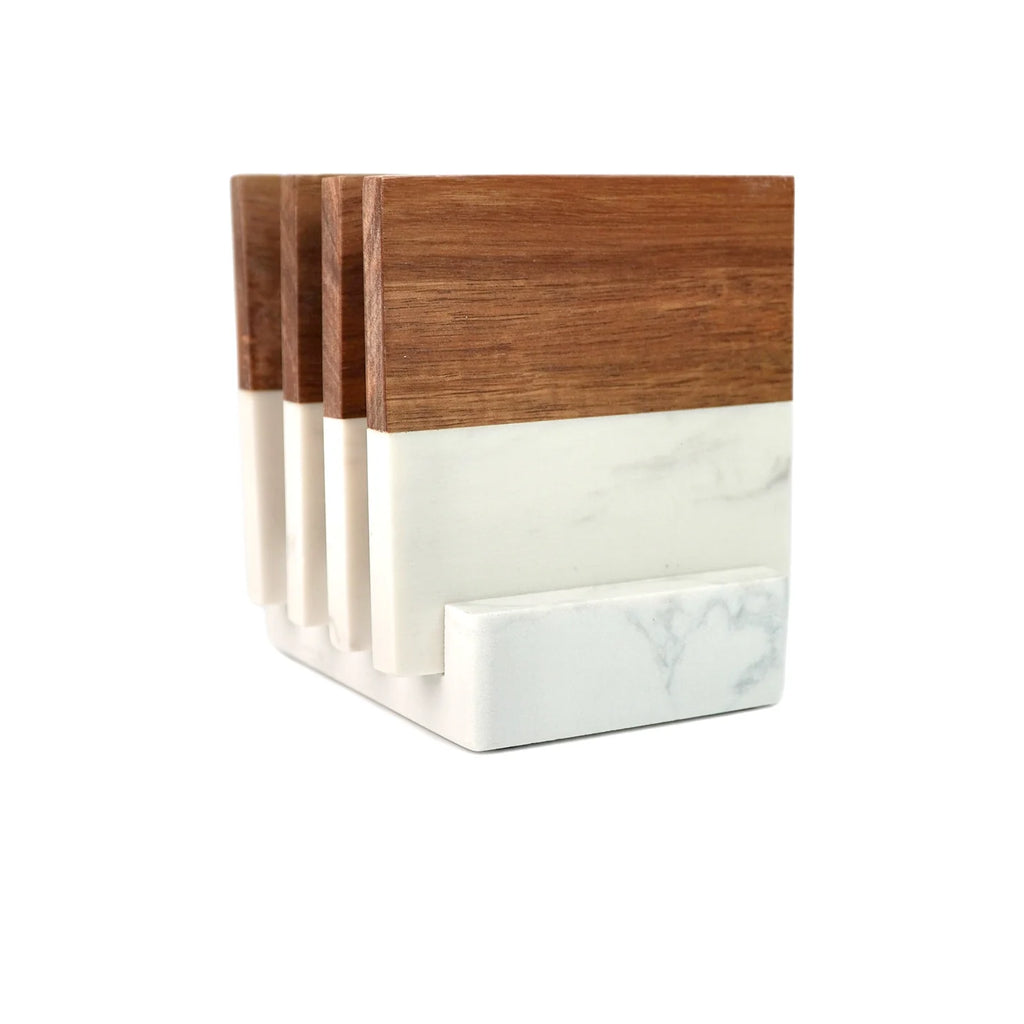 Marble and Wood Coaster Set