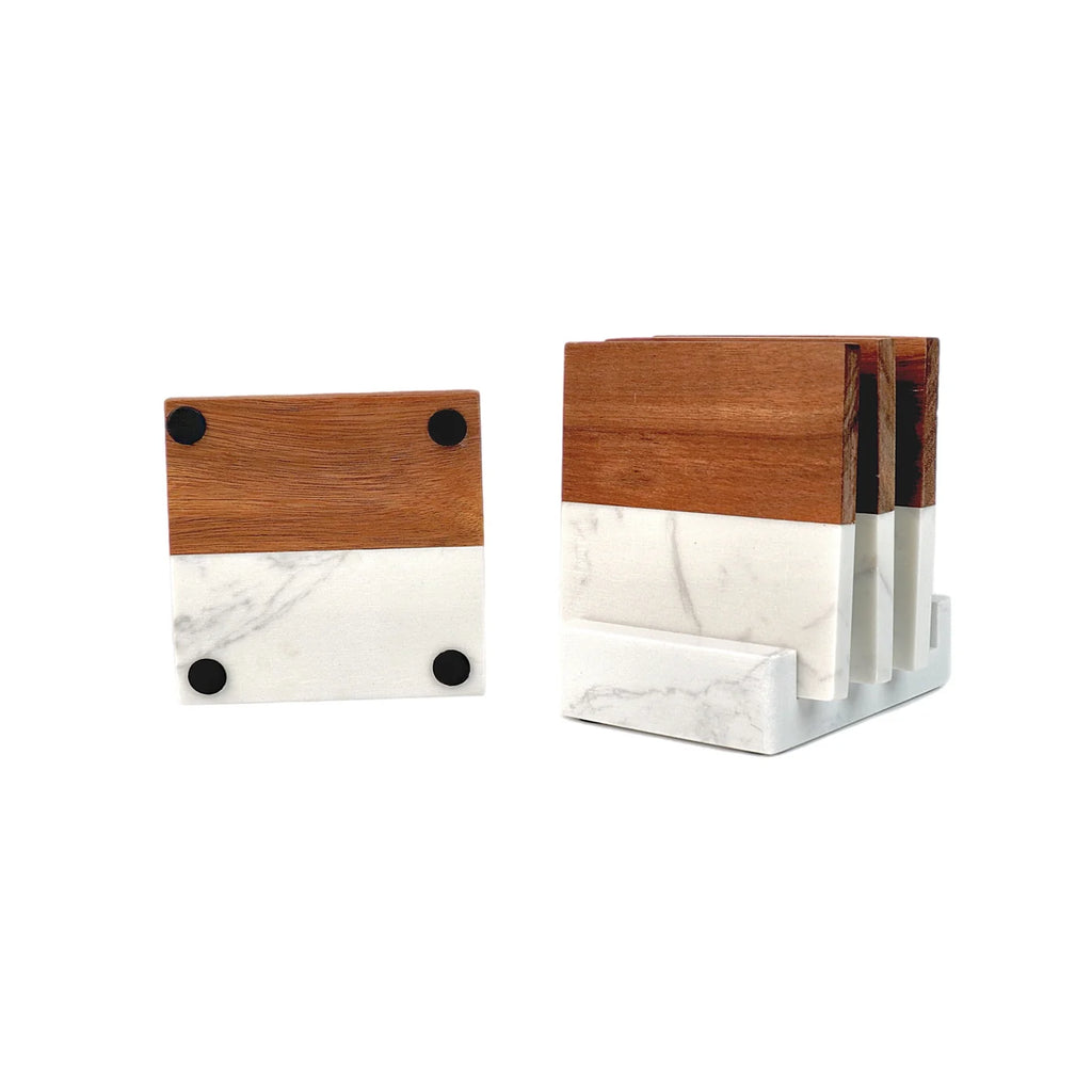 Marble and Wood Coaster Set
