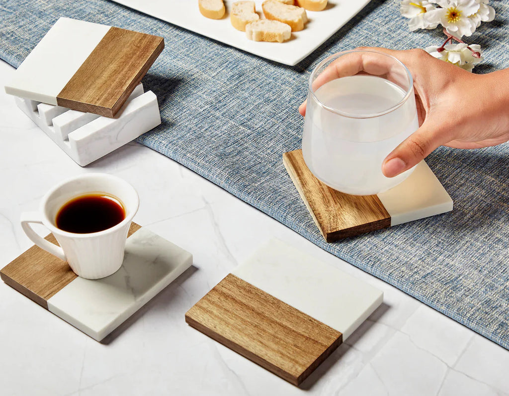 Marble and Wood Coaster Set