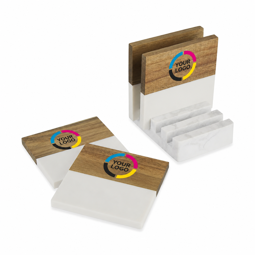 Marble and Wood Coaster Set
